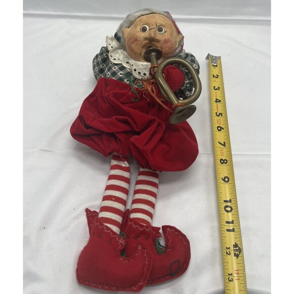 Vintage Handmade Christmas Elf  Green Red Clothing  13” Playing Trombone RARE - Picture 13 of 13